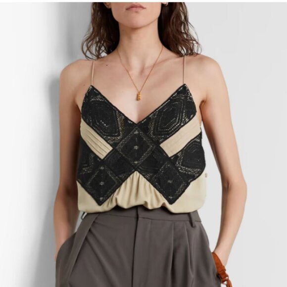 Lafayette 148 New York Tops - LAFAYETTE 148 Boheme Lace-Trim Silk-Georgette Camisole Tan w Black Lace NWT $698